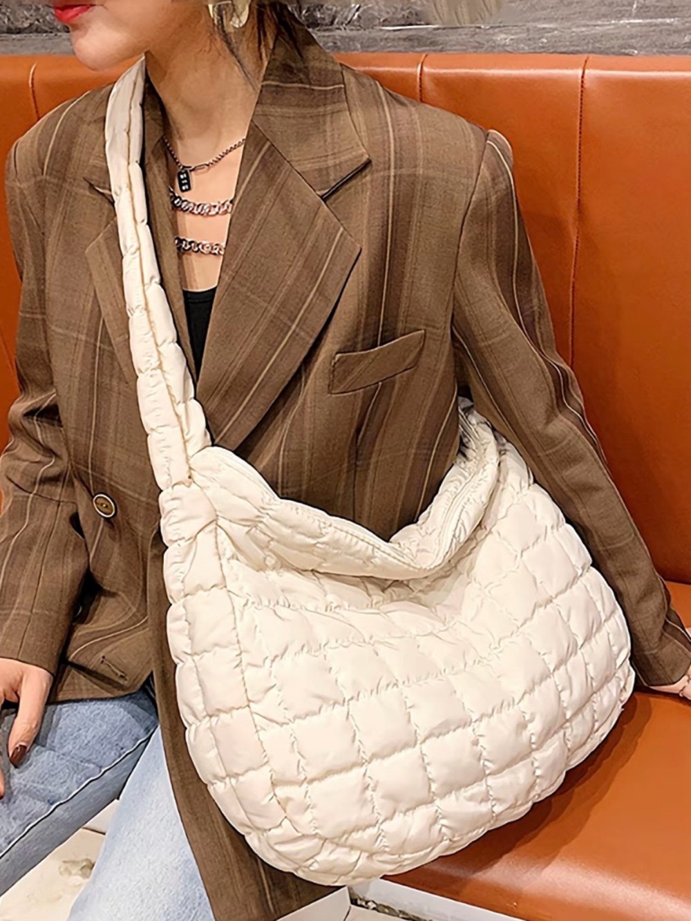 Quilted Cream Crossbody Shoulder Bag